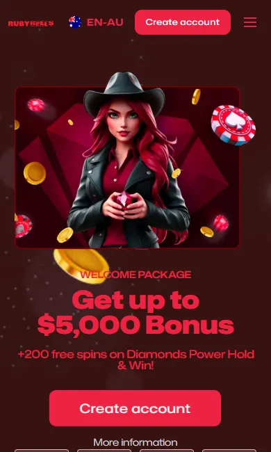 Ruby Reels Casino home screen in a mobile browser Ruby Reels Casino home screen in a mobile browser