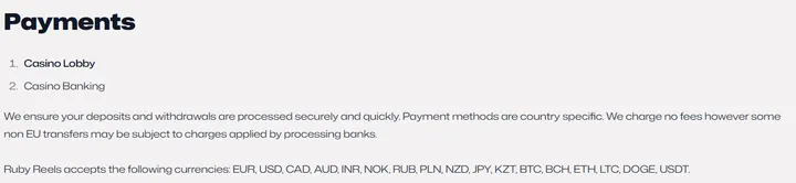 Ruby Reels Casino payments page listing accepted currencies including AUD Ruby Reels Casino payments page listing accepted currencies including AUD